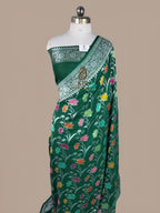 Green Banarasi Handloom Pure Tussar Georgette Silk Saree | Pure Rupa Zari & Multi Colour Meena Work