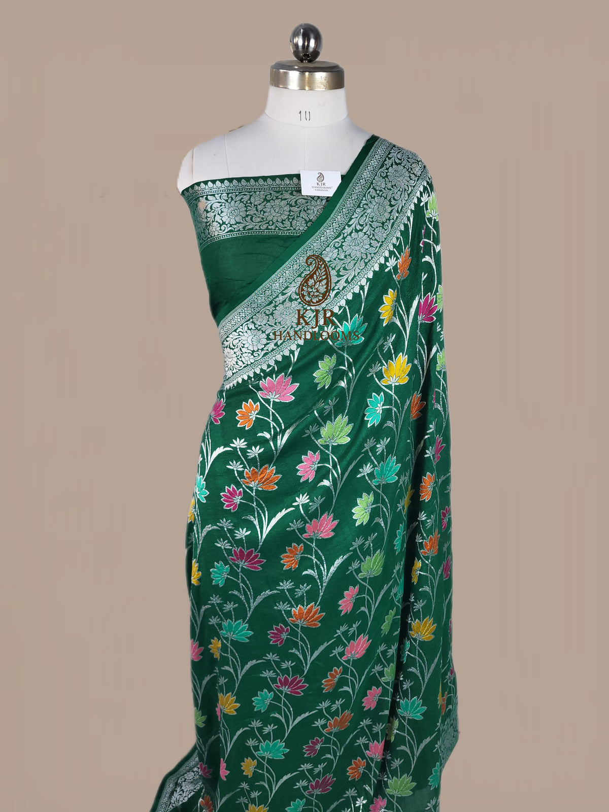 Green Banarasi Handloom Pure Tussar Georgette Silk Saree | Pure Rupa Zari & Multi Colour Meena Work