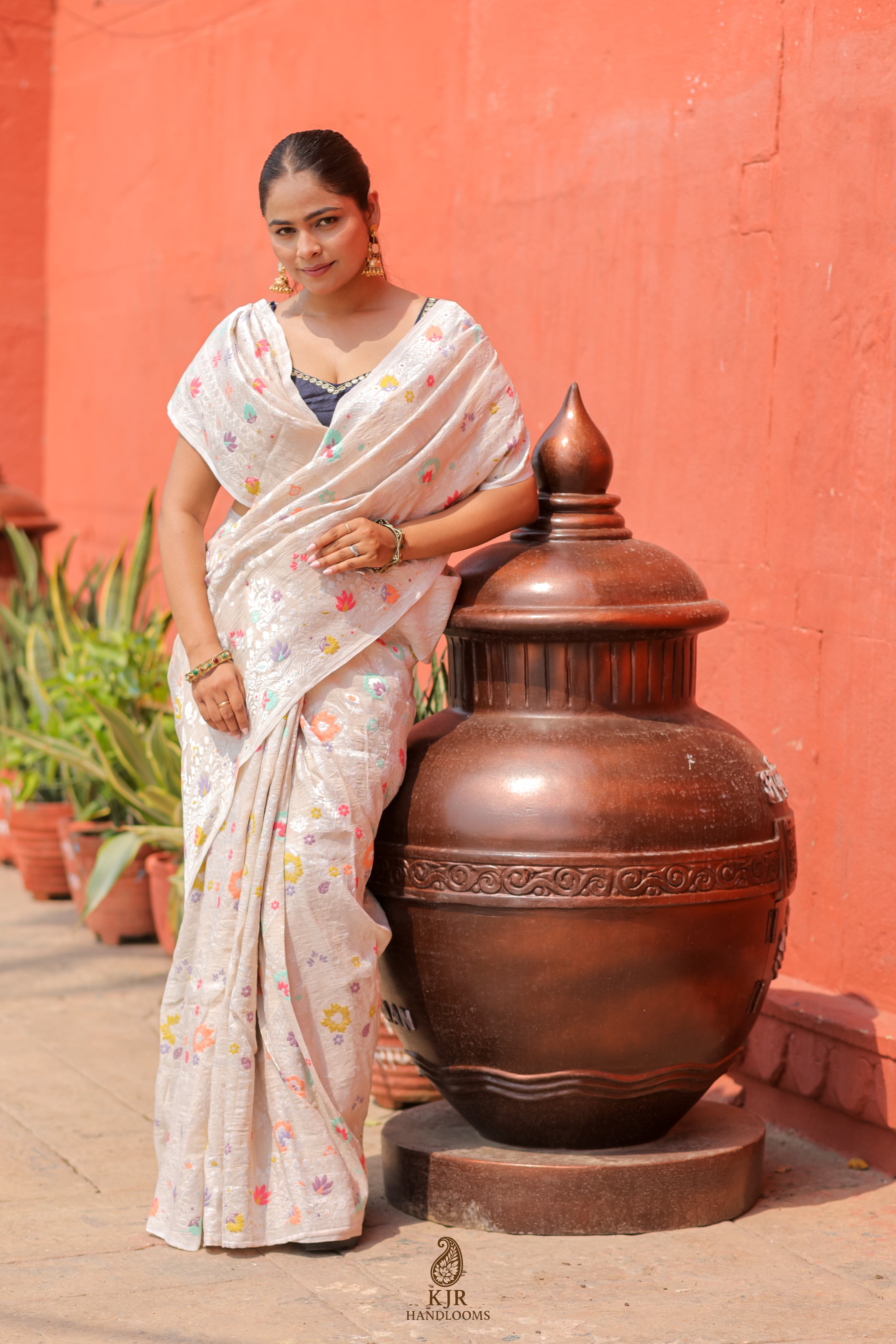Pure Tussar Georgette Silk Banarasi Saree | Pure Rupa Zari with Multi Colour Meenakari