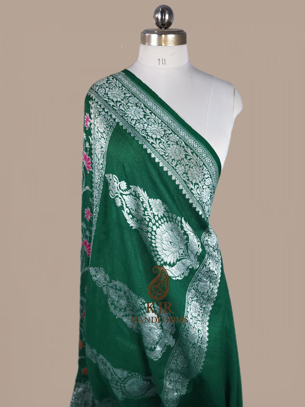 Green Banarasi Handloom Pure Tussar Georgette Silk Saree | Pure Rupa Zari & Multi Colour Meena Work