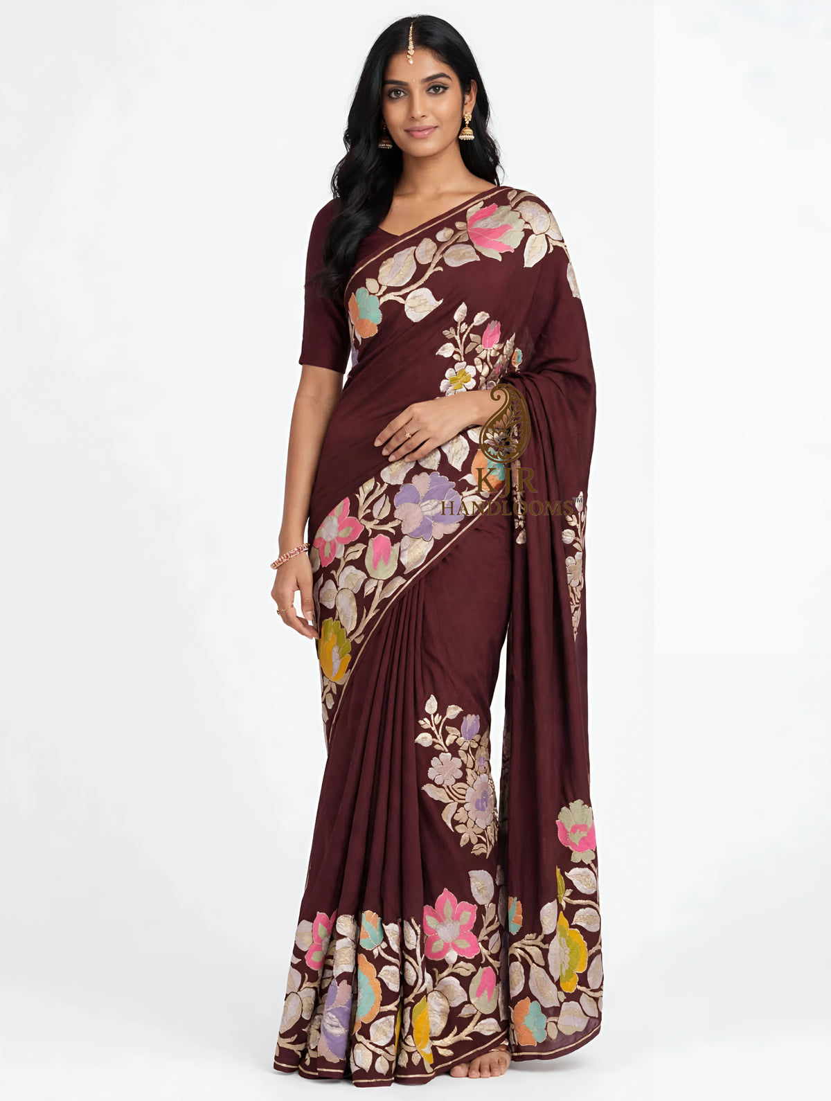 Banarasi Handloom Pure Khaddi Georgette Saree | Silver & Golden Zari Meenakari