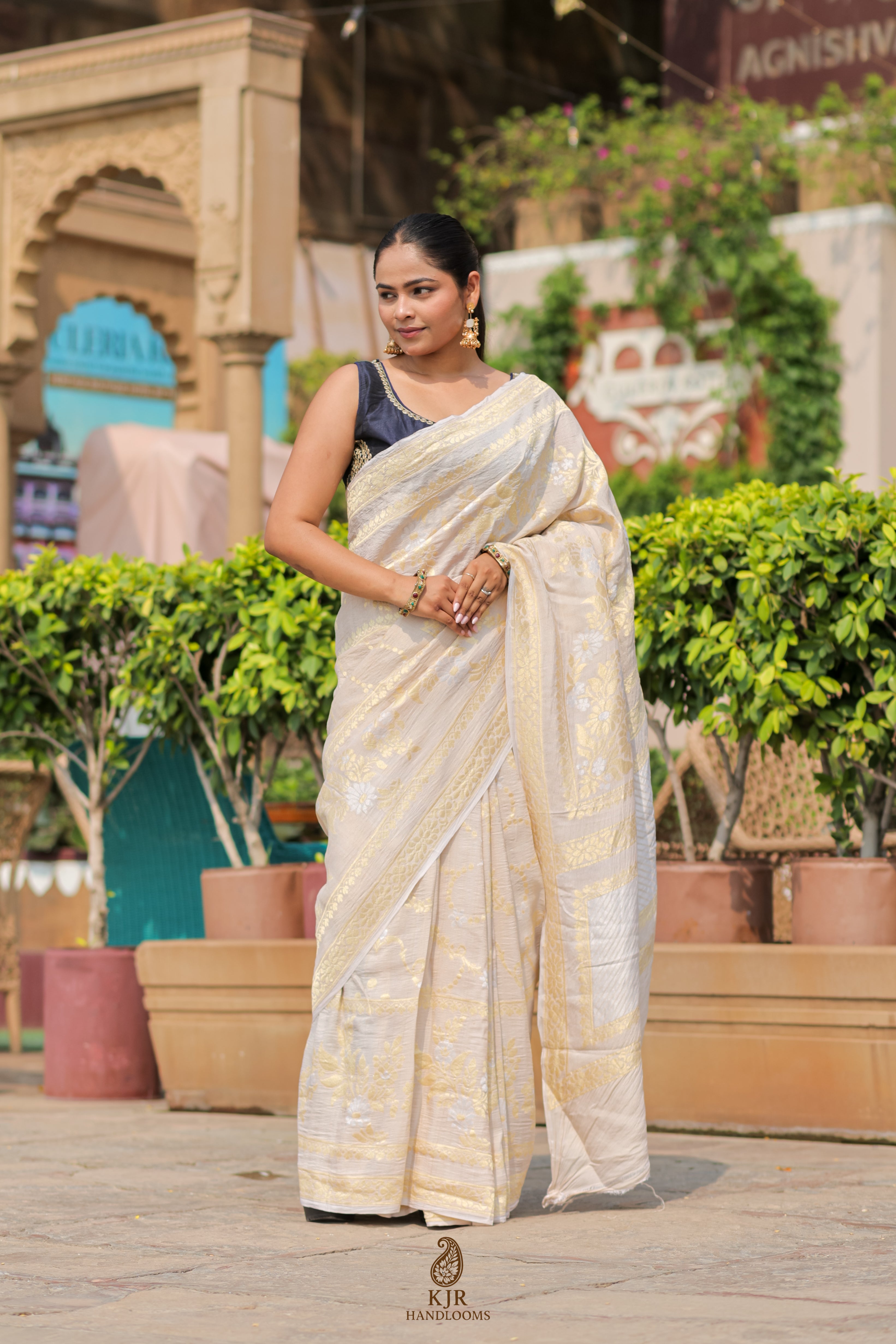 Pure Tussar Georgette Silk Banarasi Saree | Handwoven in Banaras