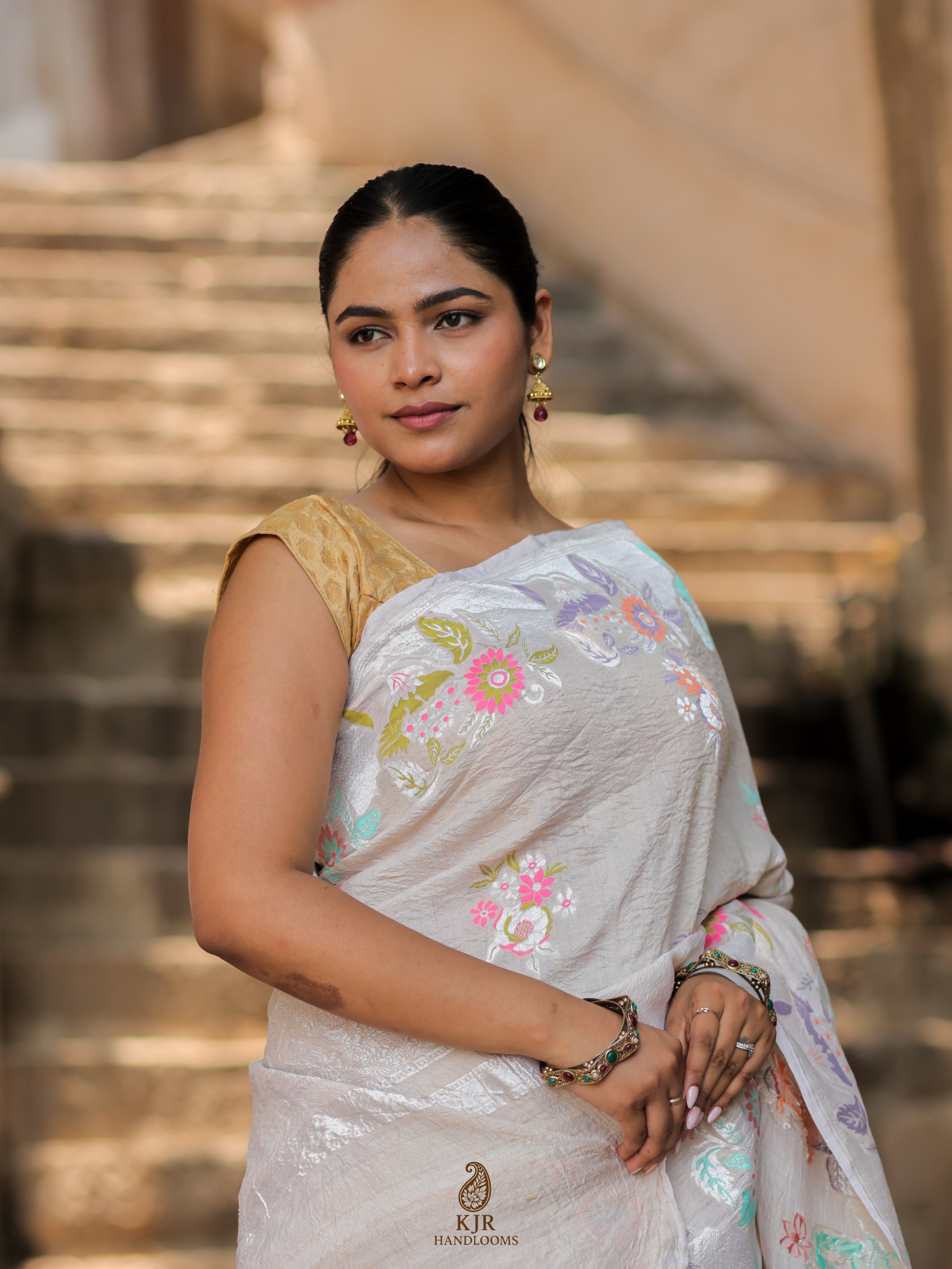 Pure Tussar Georgette Silk Saree | Banarasi Handloom with Pure Rupa Zari