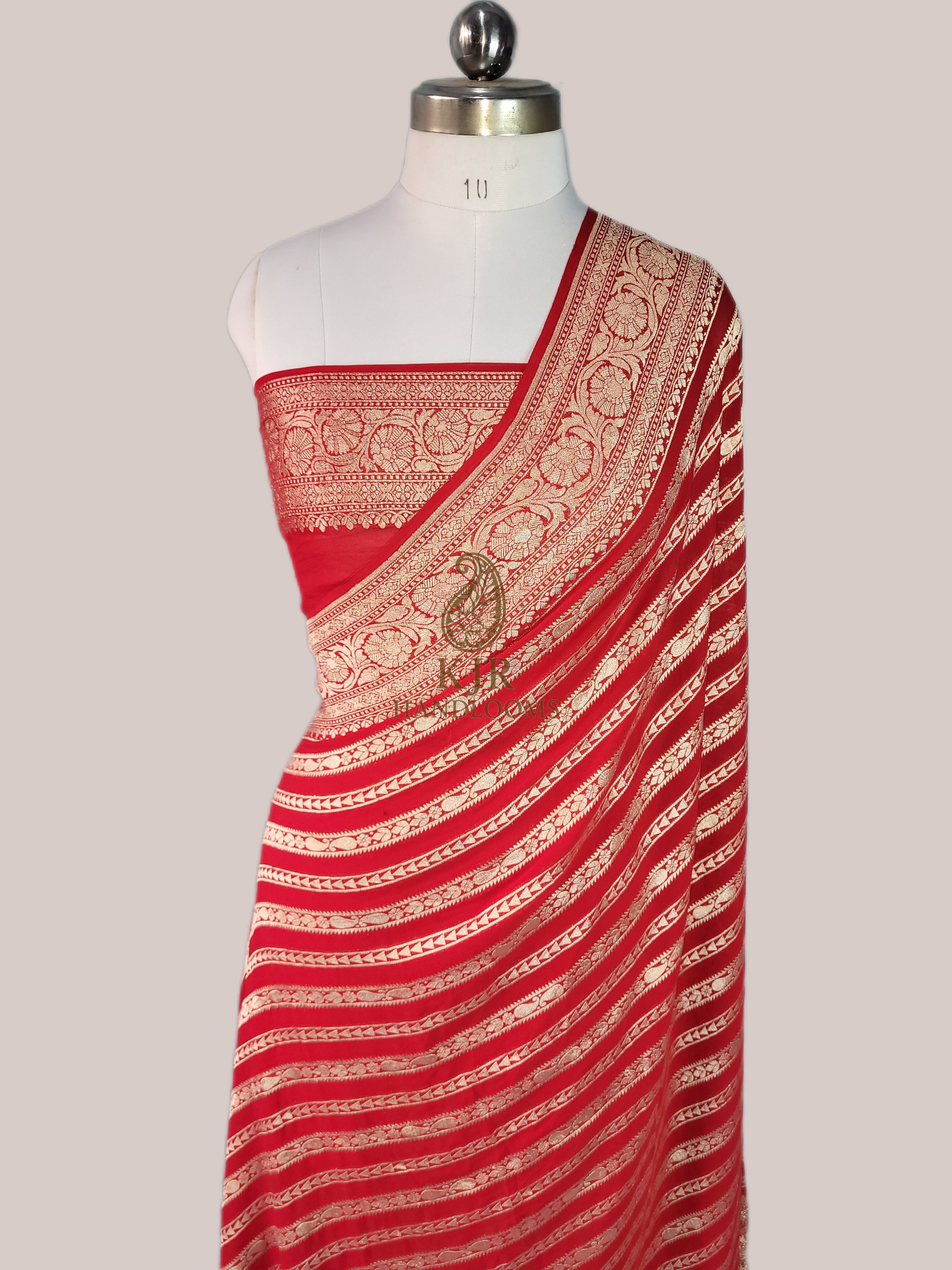 Pure Khaddi Georgette Banarasi Saree | Pure Water Zari Stripe Weaving