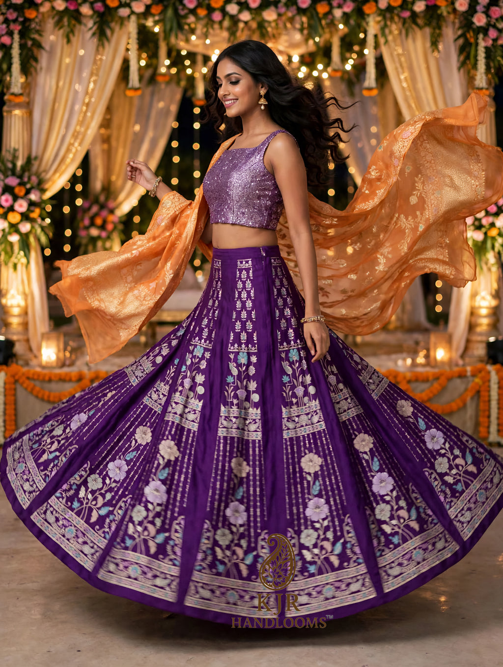 Banarasi Pure Monga Silk Lehenga Set | Golden Zari & Multicolour Meenakari