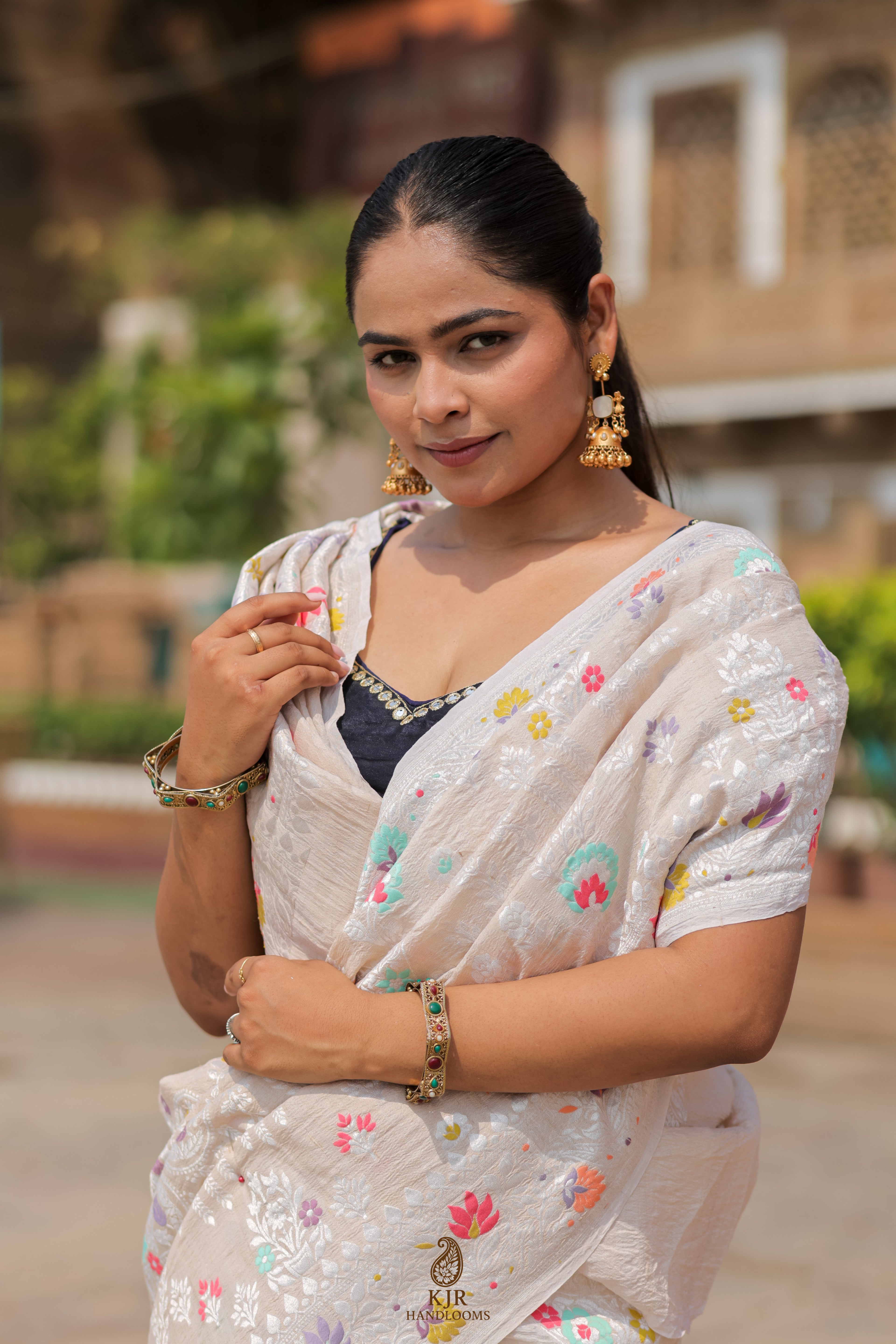 Pure Tussar Georgette Silk Banarasi Saree | Pure Rupa Zari with Multi Colour Meenakari