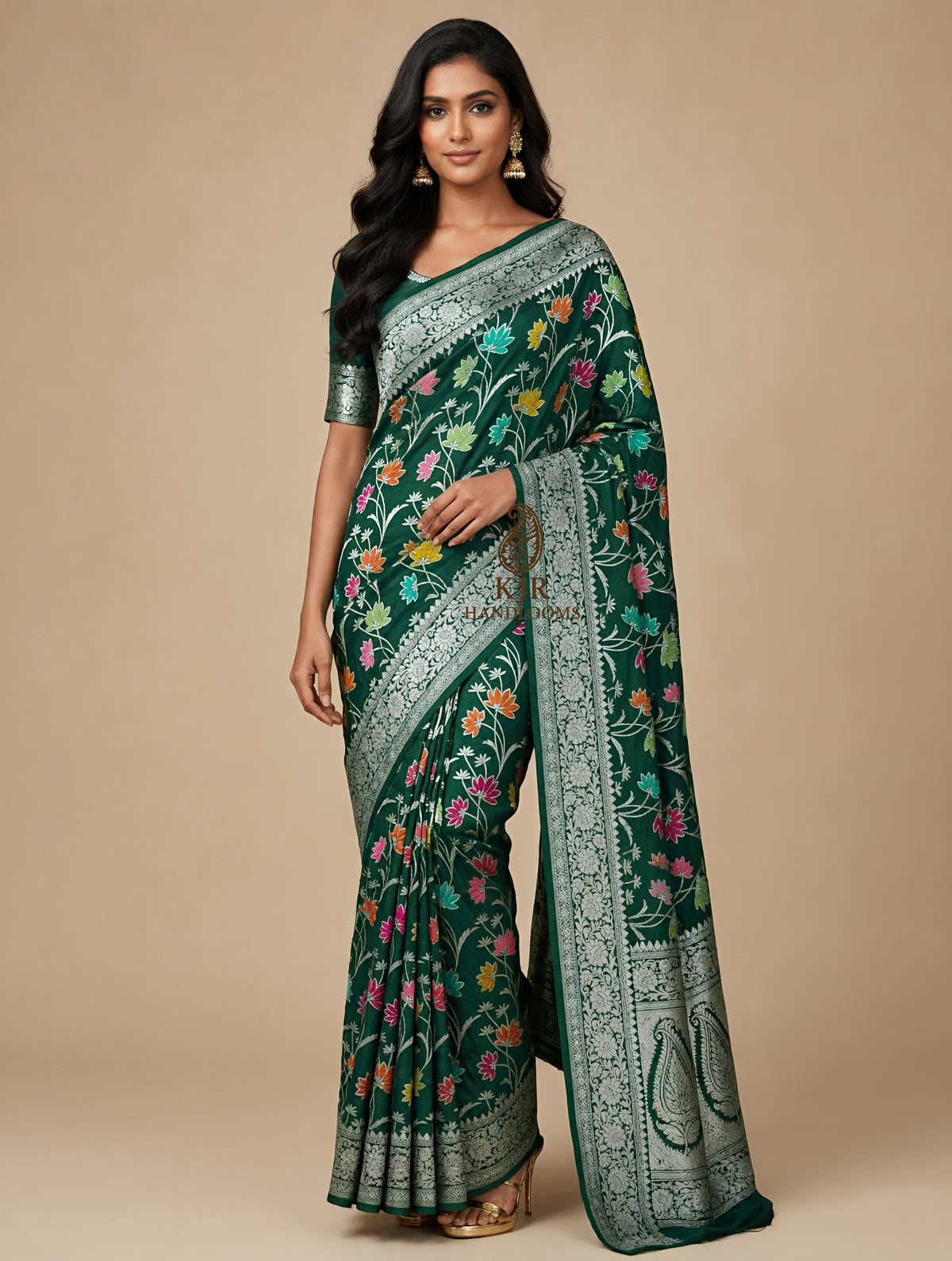 Green Banarasi Handloom Pure Tussar Georgette Silk Saree | Pure Rupa Zari & Multi Colour Meena Work