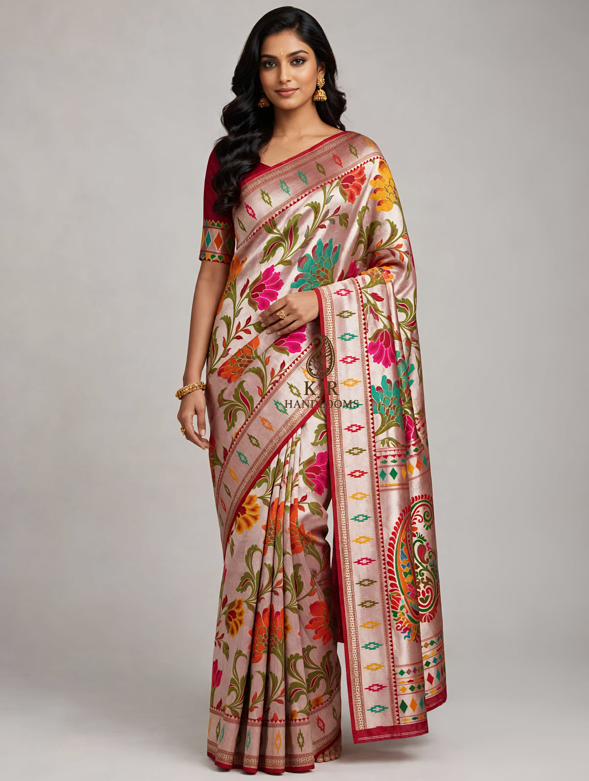 Banarasi Handloom Pure Tussar Georgette Brocade Paithani Silk Saree | Pure Rupa Zari & Multi Colour Meenakari